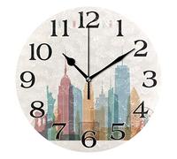 linomo New York City American Wall Clock Decor, Silent Non Ticking Round Clock Quiet for Kitchen Living Room Bedroom Bathroom Office