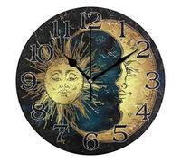 linomo Sun Stars Moon Face Wall Clock Decor, Silent Non Ticking Round Clock Quiet for Kitchen Living Room Bedroom Bathroom Office