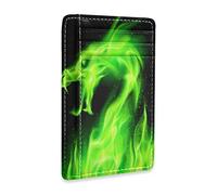 Linomo Thin Leather Card Holder and Money Clip Green Dragon Wallet RFID Blocking for Men & Women