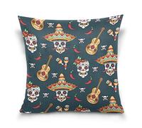 Linomo Throw Pillow Cover 18x18 inch, Mexican Sugar Skull Music Guitar Decorative Pillow Cases Cushion Cover for Couch Sofa Bed Home