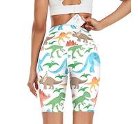 Linomo Women's High Waist Yoga Shorts, Cute Dinosaur Workout Running Shorts Gym Cycling Shorts Yoga Leggings for Women Girls Multicoloured