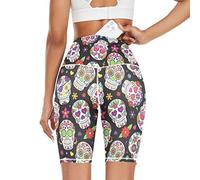 Linomo Women's High Waist Yoga Shorts, Floral Sugar Skull Pattern Workout Running Shorts Gym Cycling Shorts Yoga Leggings for Women Girls Multicoloured
