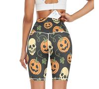 Linomo Women's High Waist Yoga Shorts, Halloween Sugar Skull Pumpkin Workout Running Shorts Gym Cycling Shorts Yoga Leggings for Women Girls Multicoloured
