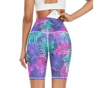 Linomo Women's High Waist Yoga Shorts, Tropical Leaves Workout Running Shorts Gym Cycling Shorts Yoga Leggings for Women Girls Multicoloured