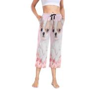 Linomo Women's Pyjama Bottoms Cute Chihuahua Dog Pink Rose Pajama Pant Cropped Trousers Pajama Lounge Pants Loungewear Nightwear Yoga Casual Pants