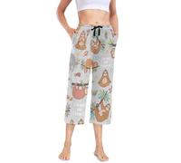 Linomo Women's Pyjama Bottoms Cute Lazy Sloth Pajama Pant Cropped Trousers Pajama Lounge Pants Loungewear Nightwear Yoga Casual Pants