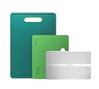 Linoroso Chopping Board Coloured Plastic Cutting Boards Set of 3 for Kitchens with Defrosting Tray Juice Grooves Easy Grip Handle Slip Resistant Dishwasher Safe (BPA Free) - Green