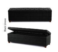 Linoso Chesterfield Black Ottoman Storage Box With Square Wooden Legs - Upholstered Blanket Box (150W X 40D X 45H Cm)
