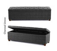 Linoso Chesterfield Charcoal Ottoman Storage Box With Square Wooden Legs - Upholstered Blanket Box (180W X 40D X 45H Cm)