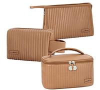 Linpr Makeup Bag 3 Pcs Cosmetic Bags Set, PU Striped Leather Toiletry Bag, Portable Waterproof Travel Makeup Organizer, Cute Make up Bags for Women and Girls (Coffee)