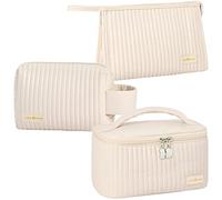 Linpr Makeup Bag 3 Pcs Cosmetic Bags Set, PU Striped Leather Toiletry Bag, Portable Waterproof Travel Makeup Organizer, Cute Make up Bags for Women and Girls (White)