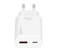 LinQ USB C Power Delivery 45W and USB Quick Charge 3.0 18W Mains Charger, White