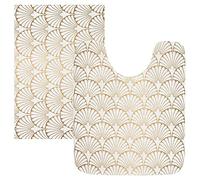 linqin Bathroom Rugs Sets 2 Piece Soft Non-Slip Contour Toilet Rug U-Shaped Art Deco Pattern White Gold Absorbent Bath Mat Washable for Kitchen, Bathroom, Bedroom, 16" x 24" Plus 20" x 24" U