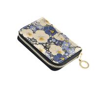 linqin Big Pansy Navy Blue Slim Mini Card Wallet for Women's Zipper Closure Soft Leather 2 Coin Pockets Travel Essential