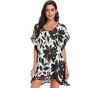 linqin Black Flowers Womens Swim Cover Up Beach Coverer with Tassel Trendy Chiffon Tropical Outfits for Vacation, Black Flowers, Small