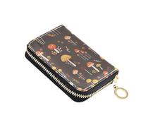 linqin Blooming Mushrooms Palm-Sized Card Case for Everyday Commute Zipper Closure Vegan Leather 9 Card Slots On-the-Go