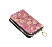 linqin Blooming Plums Blush Compact Card Case for Everyday Commute RFID Blocking PU Leather 2 Coin Pockets On-the-Go