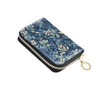 linqin Blue Leaf Mini Zipper Card Holder for On-the-Go RFID Blocking Soft Leather 9 Card Slots Travel Essential