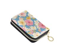 linqin Blush Hibiscus Flower Palm-Sized Credit Card Holder for On-the-Go RFID Blocking Soft Leather 2 Coin Pockets Travel