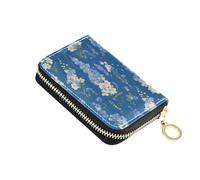linqin Chic Dark Blue Flowers Slim Mini Card Wallet for Travel Essential Multi-Functional Soft Leather Anti-Theft Travel