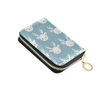 linqin Chic Reindeer Faces Blue Mini Mini Card Wallet for Ladies' Multi-Functional Soft Leather 2 Coin Pockets Travel Essential