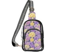 linqin Clear Sling Bag for Men with Adjustable Strap | Metal Zipper Hardware, Reinforced Stitching, Wide Strap, Purple Yellow Rose Floral