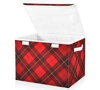 linqin Fabric Storage Box with Handle for Home Red Buffalo Tartan Cube Storage Bin Foldable Toy Organizer
