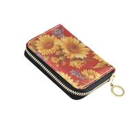 linqin Glowing Sunflower Red Palm-Sized Card Case for On-the-Go Zipper Closure Soft Leather Anti-Theft Travel Essential