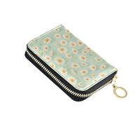linqin Little Daisy Pale Green Mini Mini Card Wallet for Daily Carry Zipper Closure Soft Leather 2 Coin Pockets On-the-Go
