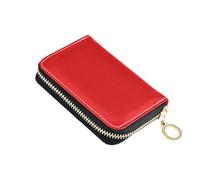 linqin Red Solid Color Compact Mini Card Wallet for On-the-Go Zipper Closure Soft Leather Anti-Theft Travel Essential