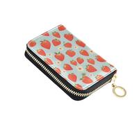 linqin Red Strawberries Blue Compact Credit Card Holder for Women's Multi-Functional PU Leather 9 Card Slots On-the-Go