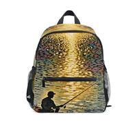 linqin Sunset Lake Fisherman Silhouette personal backpack for kids chest strap bookbag with name tag for 5 year old mochilas para ni?a