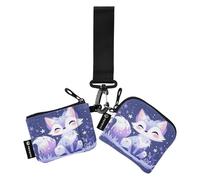 linqin Sweet Lavender Fox Women's Coin Pouches Card Holder Mini Fashion Card Money Holder with Keychain for Work Travel 2 Packs, Sweet Lavender Fox, One Size