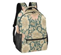 linqin Teal Blush Peony Scroll Multi Pocket School Backpack S, Teal Blush Peony Scroll, S, Backpack