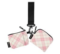linqin White and Pink Tartan Women's Coin Pouches Card Holder Small Portable Identity Card Protector with Wristle Strap for Women Men 2 Packs, White and Pink Tartan, One Size