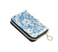 linqin White Flowers Pale Blue Slim Credit Card Holder for On-the-Go Multi-Functional PU Leather 9 Card Slots On-the-Go