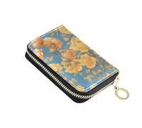 linqin Yellow Begonia Flower Blue Mini Small Wallet for Travel Essential Multi-Functional PU Leather 9 Card Slots On-the-Go
