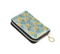 linqin Yellow Marigold Flowers Blue Mini Card Case for Everyday Commute Zipper Closure Soft Leather 9 Card Slots On-the-Go