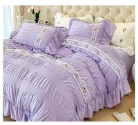 LinQton Lace Ruffled Bedding Set French Chic Floral Duvet Cover Set Washed Cotton Comforter Cover with Flat Sheet for Girls Room decor,Romantic Princess Style (Single 150x200cm 3PS,Purple)