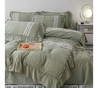 LinQton Lace Ruffled Bedding Set French Chic Floral Duvet Cover Set Washed Cotton Comforter Cover with Flat Sheet for Girls Room decor,Romantic Princess Style (Double XL 200x230cm 4PS,Green)