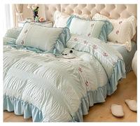 LinQton Lace Ruffled Bedding Set French Chic Floral Duvet Cover Set Washed Cotton Comforter Cover with Flat Sheet for Girls Room decor,Romantic Princess Style (Single 150x200cm 3PS,Light Blue)
