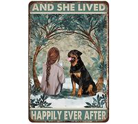 LINQWkk Rustic Retro Metal Tin Sign Girl And Rottweiler Dog And She Live Happily Ever After Vintage Home Wall Decoration Cave Bar Kitchen Courtyard Decoration Sign 8x12 Inch