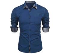 LinRim Men's Long Sleeve Shirt Slim Fit Casual Top with Checked Contrast on the Collar, Inner Cut and Cuffs, Buttoned Shirt for Everyday, Outdoor and Events, navy, XL