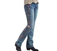 LinRim Women's Bootcut Jeans with Floral Embroidery, Mid Rise, High Stretch, with Pockets, Flared Jeans, Embroidered Floral Jeans, blue, S