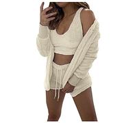 LinRim Women's Girls' 3-Piece Pyjama Set, Cuddly Pyjamas, Fluffy Short Fluffy Plush Pyjamas, Soft Coat, Shorts, Crop Top, beige, S