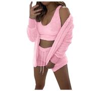 LinRim Women's Girls' Short 3-Piece Sexy Solid Plush Pyjamas Set Loungewear Outfits Short Fluffy Plush Pyjamas Soft Coat/Shorts/Crop Top Leisure Suit Loungewear, pink, M