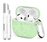 Linsaner for Airpods 4th Case Cover, Cute Flower Engraved Silicone Case Cover with Keychain, Full Protective Case for Women, Compatible with AirPods 4th Generation Case(Light Green)