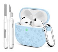 Linsaner for Airpods 4th Case Cover, Cute Flower Engraved Silicone Case Cover with Keychain, Full Protective Case for Women, Compatible with AirPods 4th Generation Case(Sky Blue)