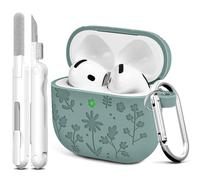 Linsaner for Airpods 4th Case Cover, Cute Flower Engraved Silicone Case Cover with Keychain, Full Protective Case for Women, Compatible with AirPods 4th Generation Case(Dark Green)