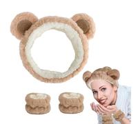 LINSHDA Bear Face Wash Headband & Wristband Set - Cute Bear Ears Skincare Headband, Soft Elastic Design for Makeup, Spa, Yoga, or Party (bear02, one size) (BEARA01, one size)